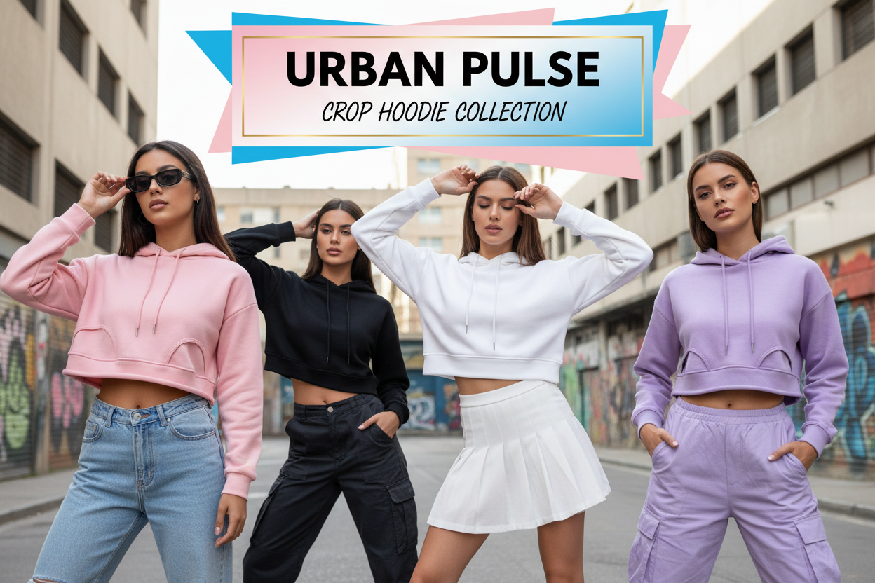 Create a cover page of Female crop hoodie collection